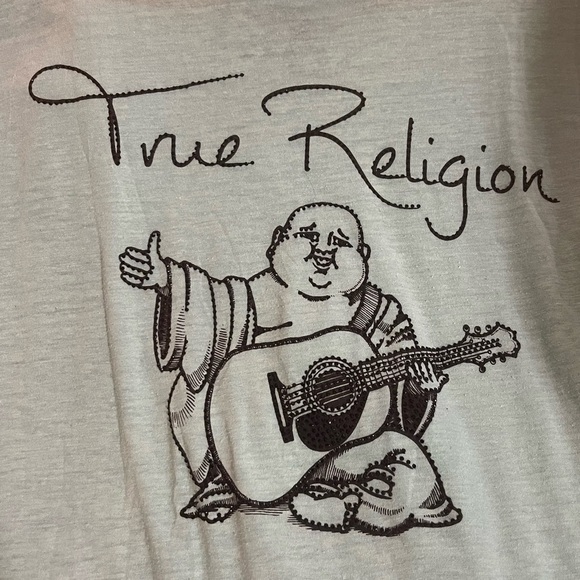Women’s Tru Religion aqua short sleeve t-shirt w/ black crystal script Buddha S - Picture 4 of 5